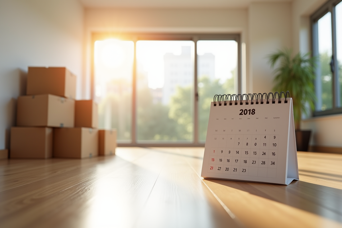 Appartement vide et propre avec cartons et calendrier ensoleille