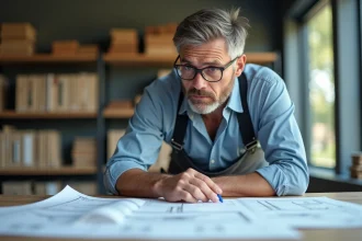 Architecte homme examinant des plans dans un bureau moderne