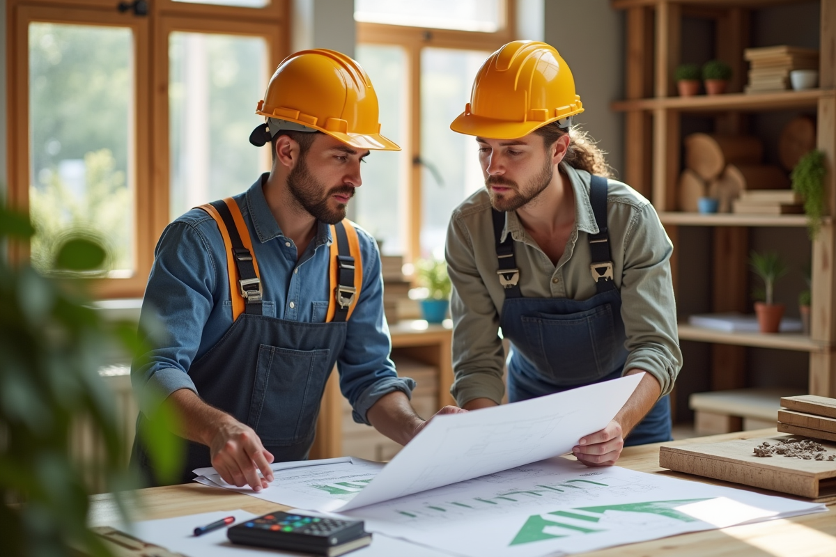 Architecte et ouvrier discutant plans de construction durables