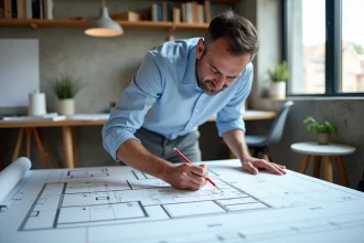 Architecte annotant un mur de refend sur un plan d'architecte en atelier