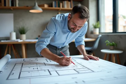 Architecte annotant un mur de refend sur un plan d'architecte en atelier