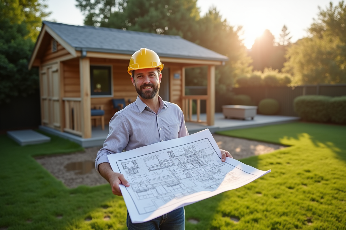 Architecte tenant un plan de site avec zone de construction