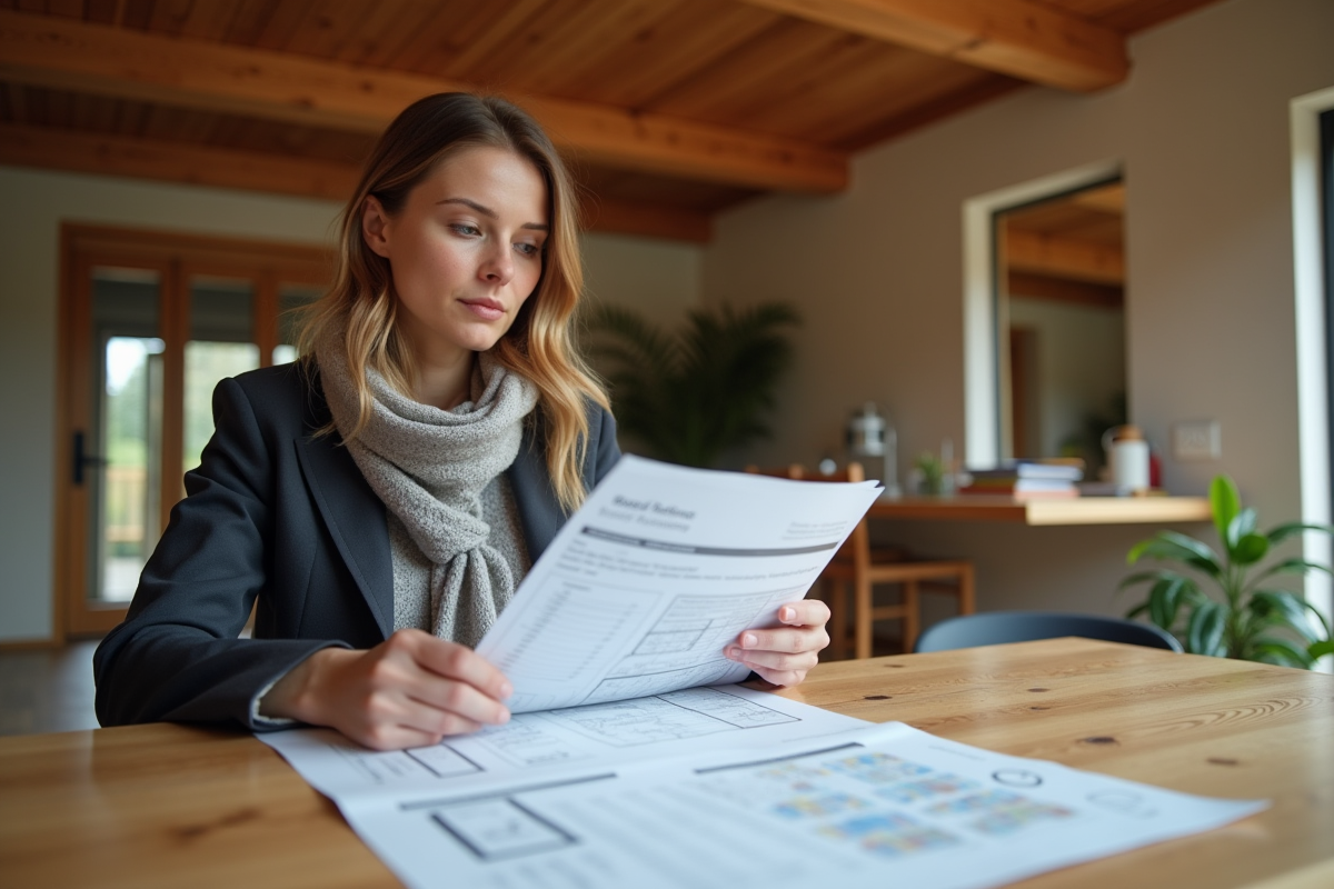 Jeune architecte examinant des documents de devis intérieur