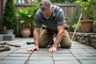 Artisan posant des pavés en extérieur dans un jardin