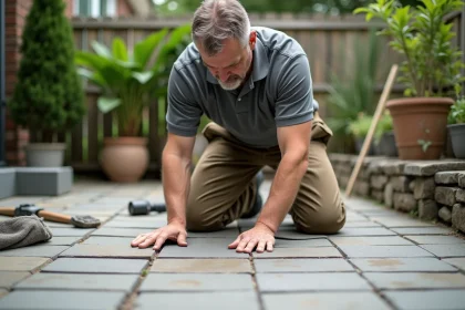 Artisan posant des pav&eacute;s en ext&eacute;rieur dans un jardin