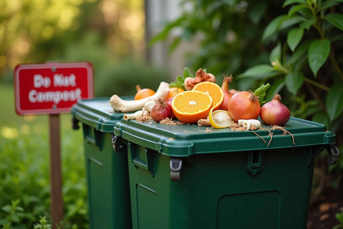 Bac de compost avec déchets alimentaires et panneau d'interdiction