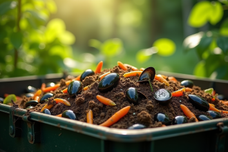 Composteur dans un jardin vert avec coquilles de moules