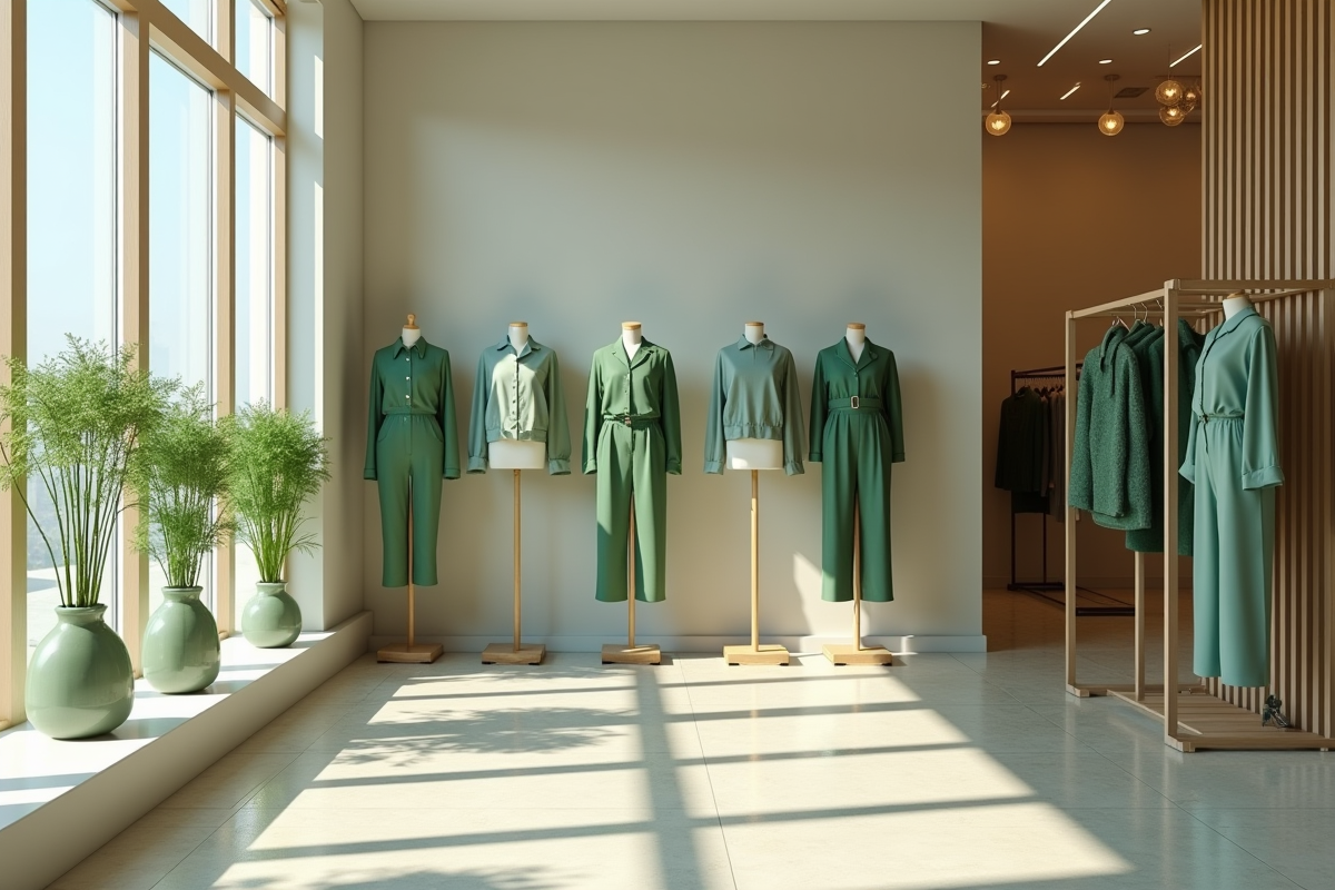Intérieur d une boutique de vêtements avec tenues vert sauge
