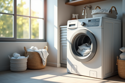 Buanderie moderne avec lave-linge sécheuse en action et linge visible
