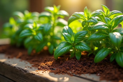 Café moulu autour de plantes de basilic et menthe dans un jardin ensoleille