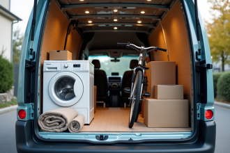 Intérieur d'une petite camionnette bien rangée avec des objets ménagers