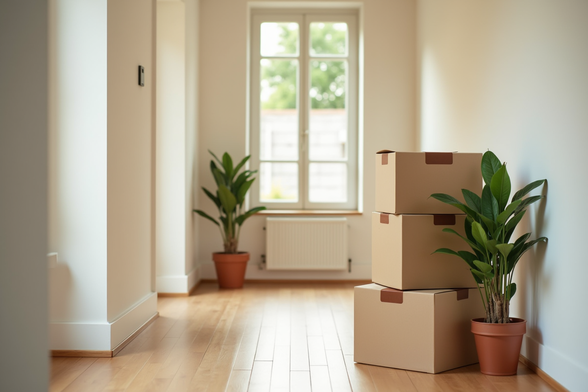 Pile de cartons étiquetés et plantes dans un couloir lumineux