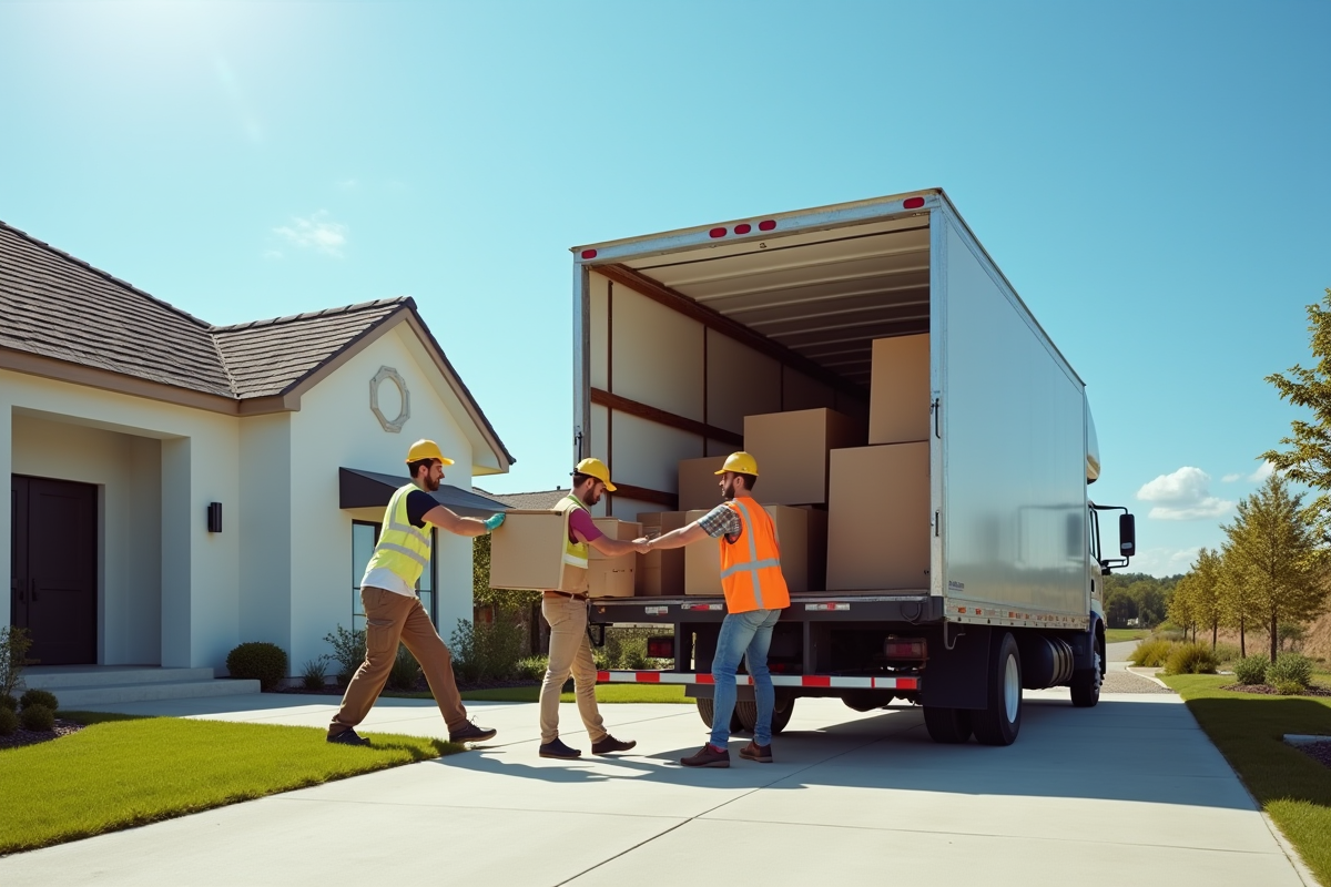 Camion de déménagement devant maison moderne en banlieue