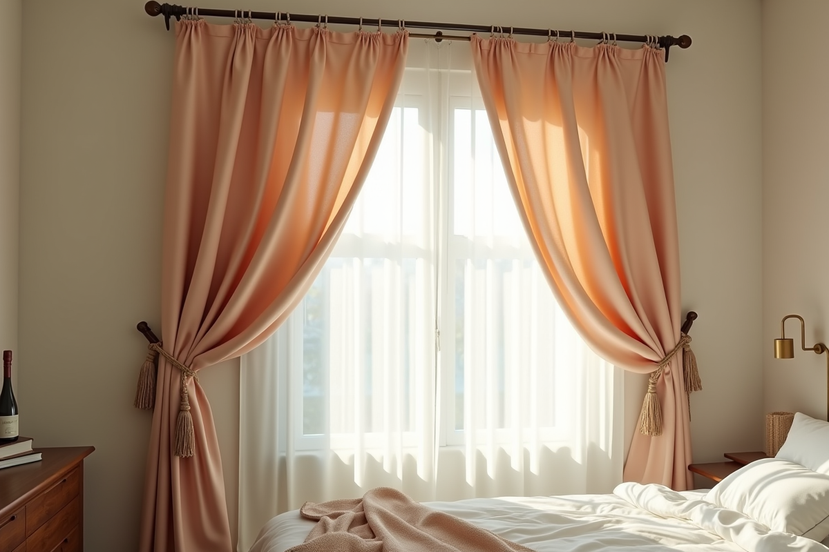 Chambre cosy avec rideaux décoratifs en corde et supports muraux