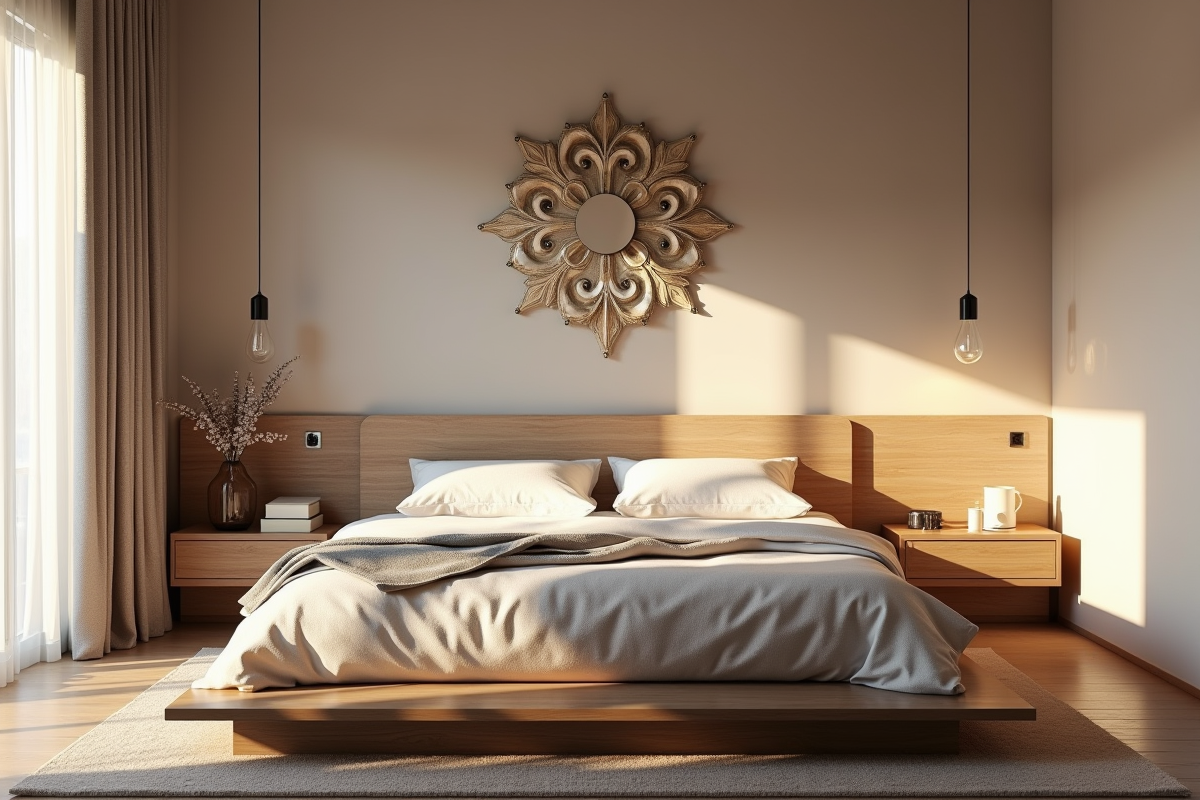 Chambre contemporaine avec décoration murale et ambiance chaleureuse