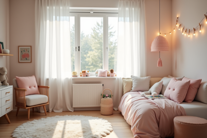 Chambre d'enfant scandinave aux couleurs pastel avec coin lecture