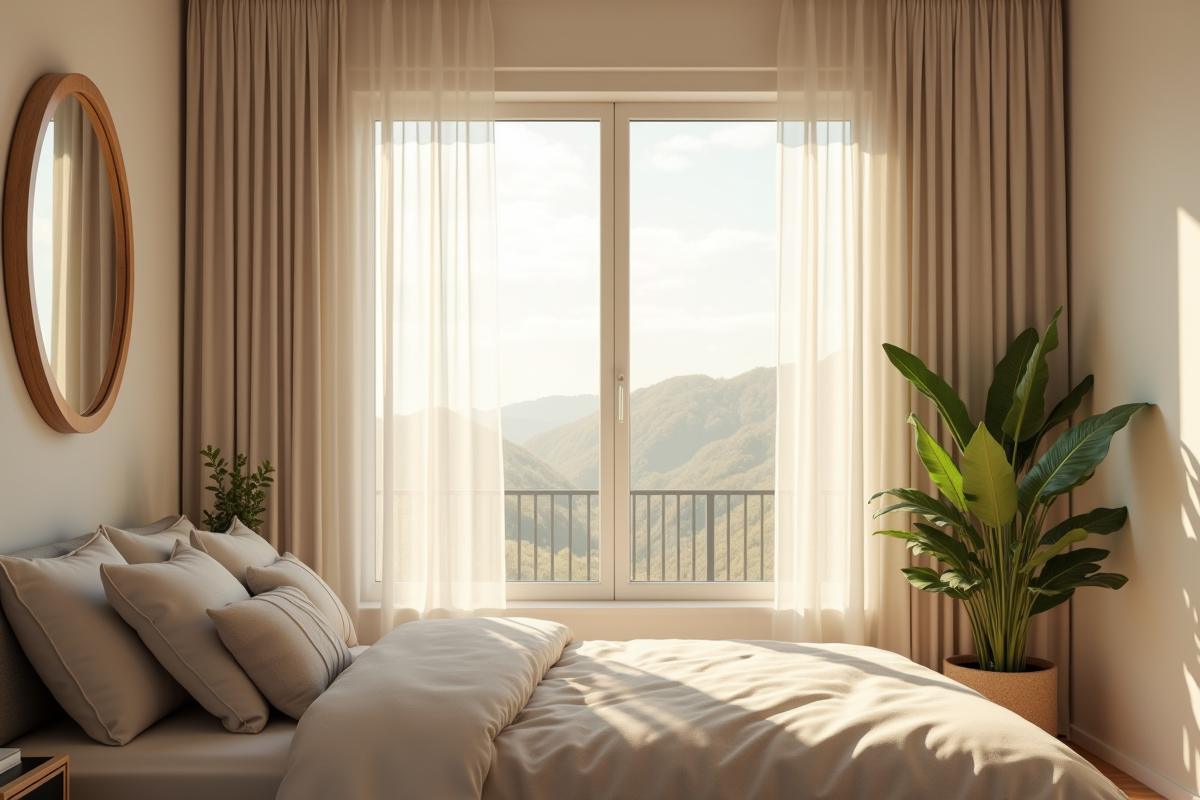 Chambre minimaliste avec miroir rond face à la fenêtre ensoleillée