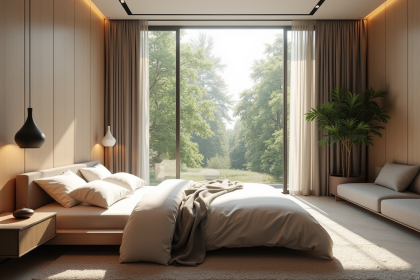 Chambre moderne avec grande lit et lumière naturelle