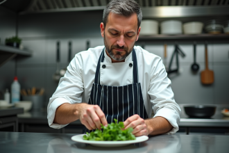 Chef en cuisine professionnelle arrangeant des herbes fraîches