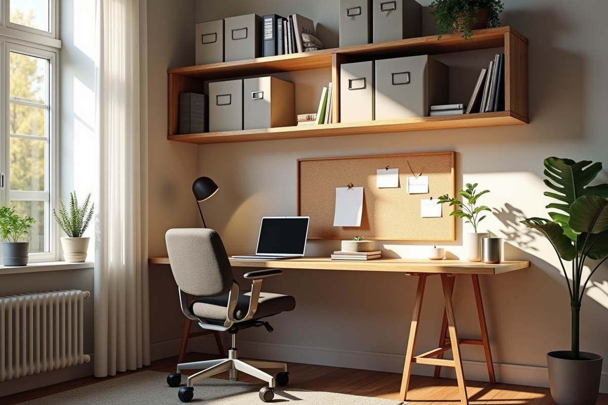 Coin bureau cosy avec rangements et tableau pour article organisation