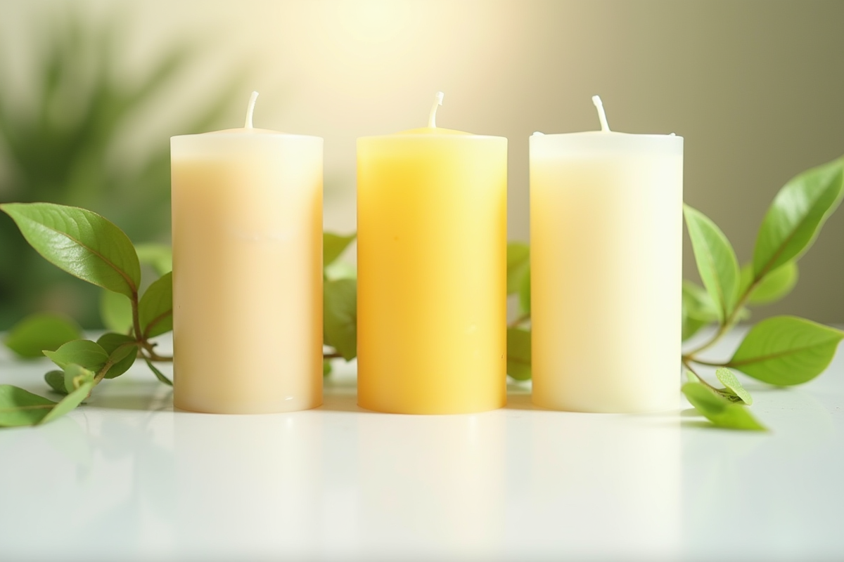 Différents types de bougies naturelles sur surface blanche