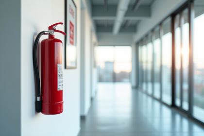 Couloir moderne avec extincteur rouge et instructions de sécurité