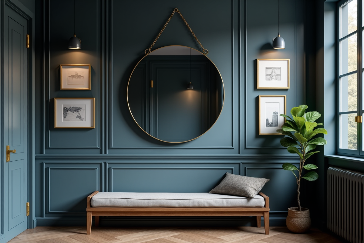 Couloir cosy avec grand miroir rond et décoration chaleureuse