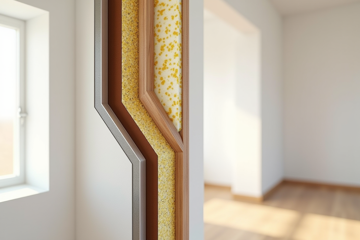 Détail d une coupe de mur avec isolation cellulose et flèches acoustiques