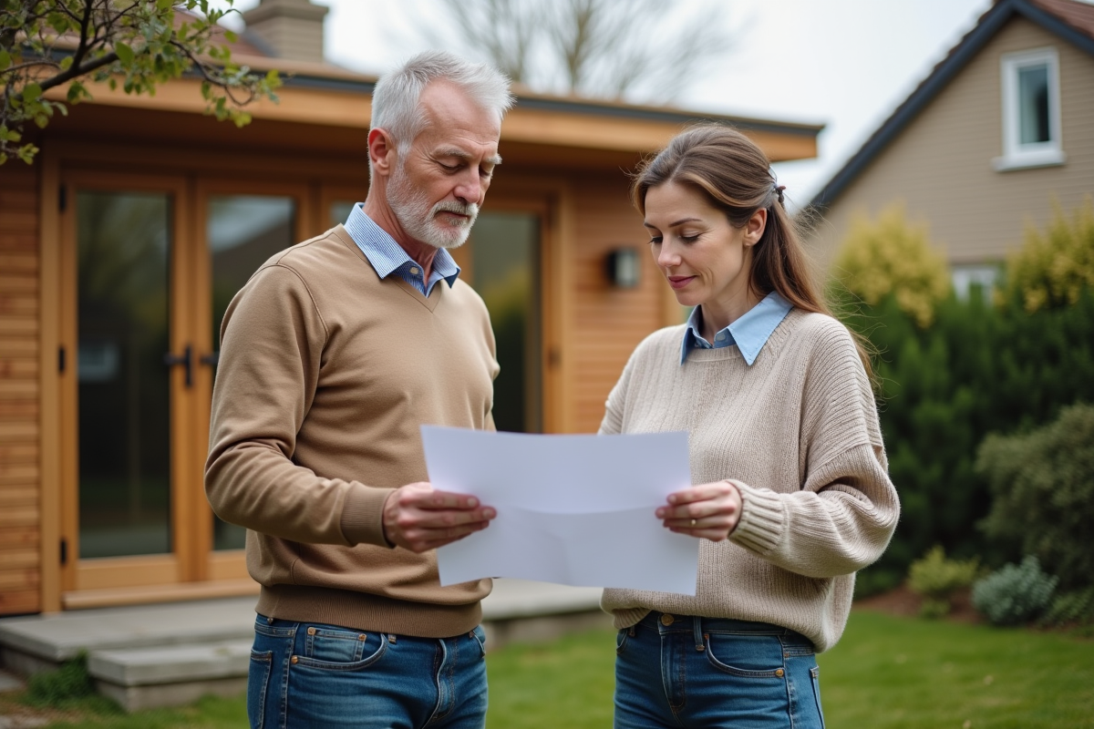 Couple regardant des plans devant leur extension en bois