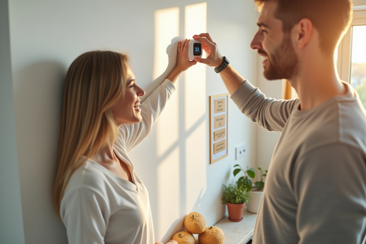 Jeune couple ajustant thermostat dans cuisine lumineuse