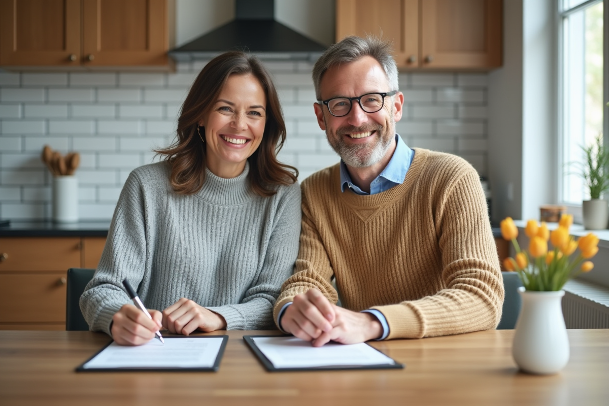 Couple signant des documents dans une cuisine moderne