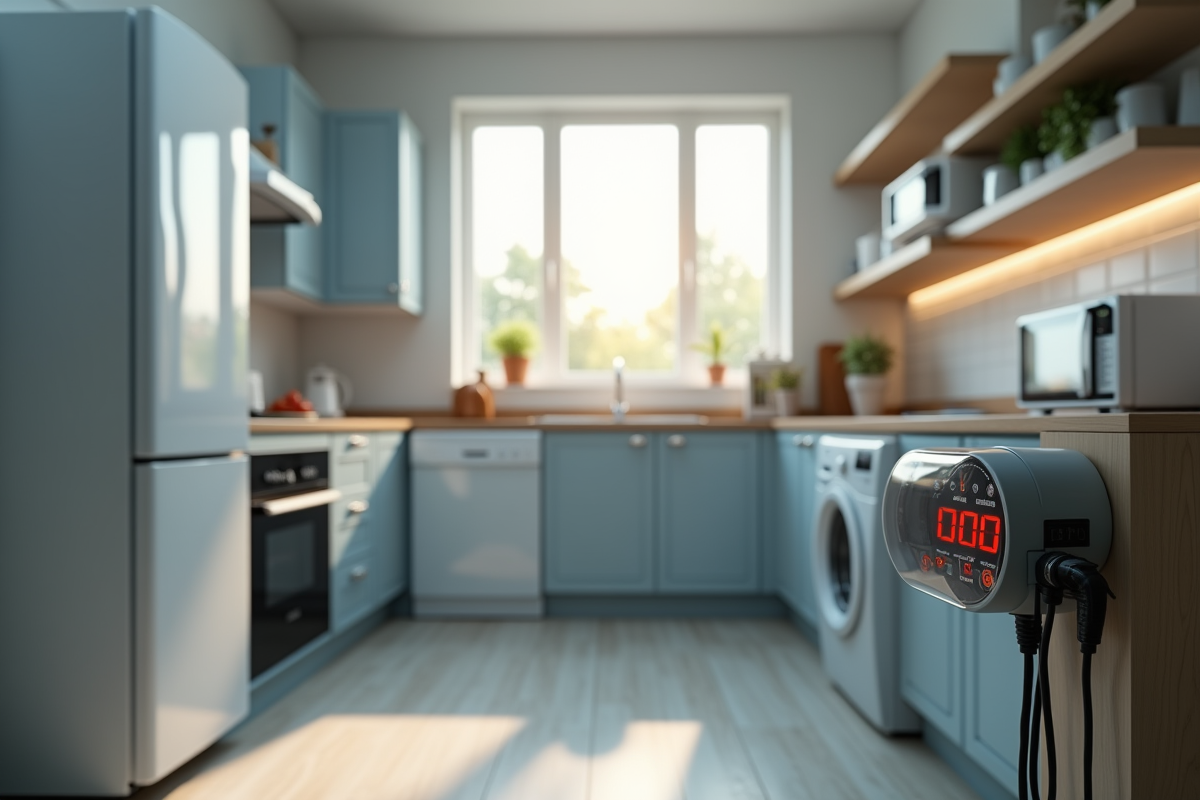 Cuisine moderne avec appareils électriques et compteur électrique