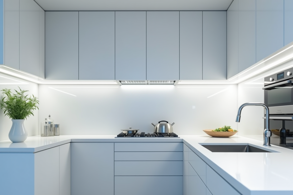 Cuisine minimaliste avec éclairage blanc froid brillant