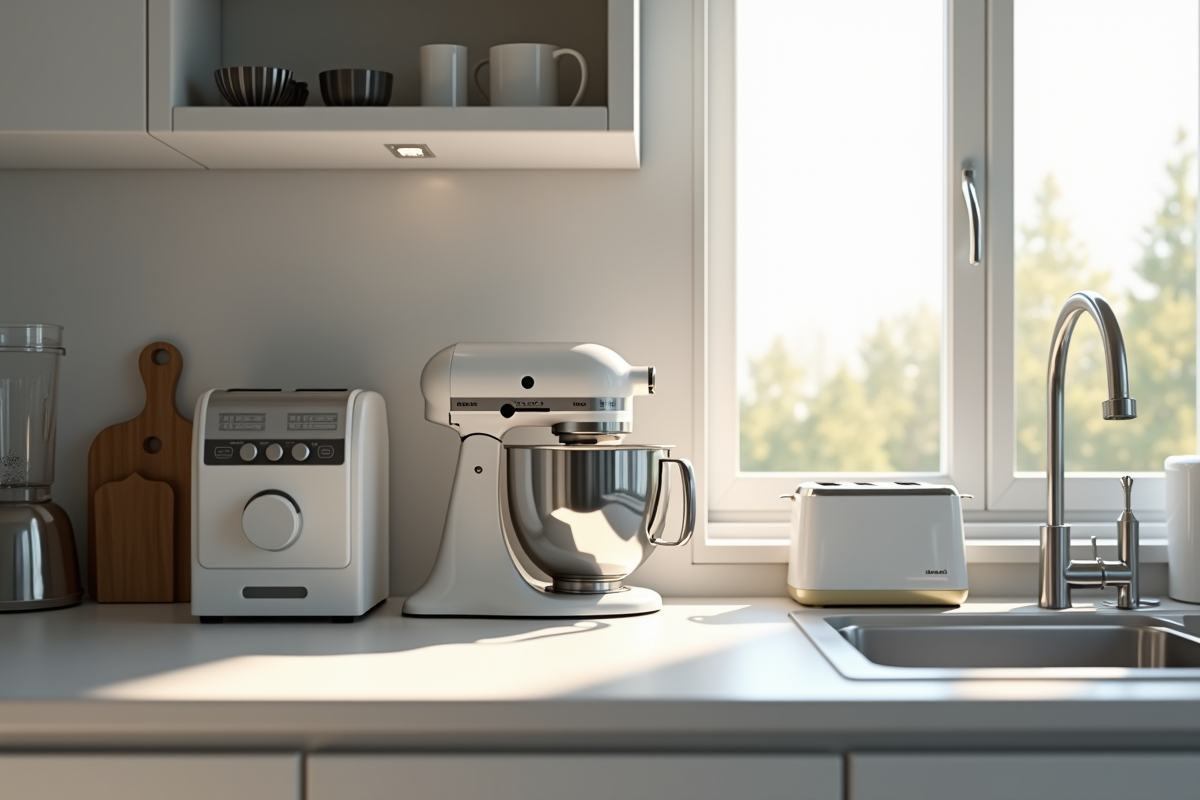 Cuisine moderne avec appareils essentiels lumineux et organisés