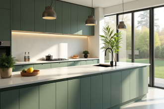 Cuisine contemporaine vert sauge avec lumière naturelle