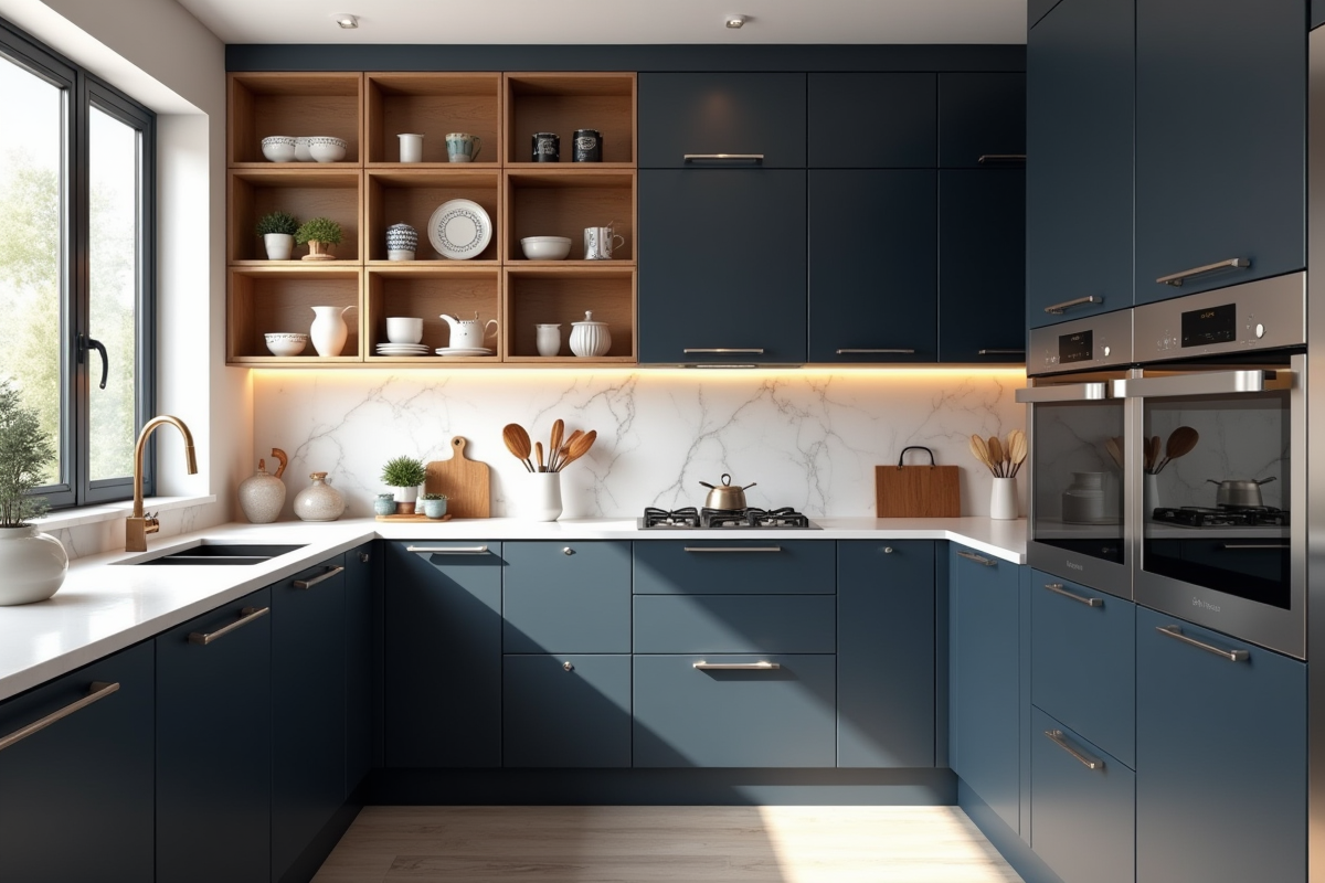 Cuisine moderne bleu marine avec étagères en chêne et accessoires