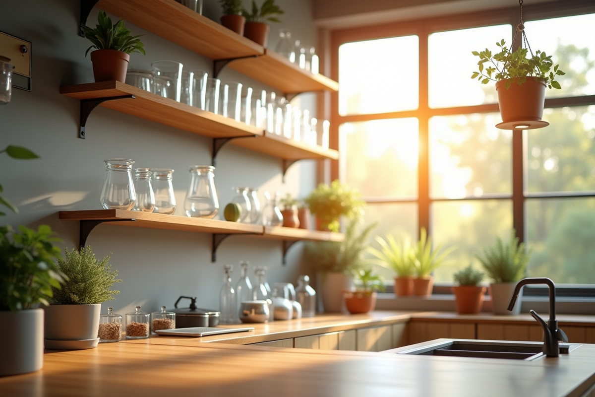 Cuisine moderne avec verres en bois bien rangés à la lumière naturelle