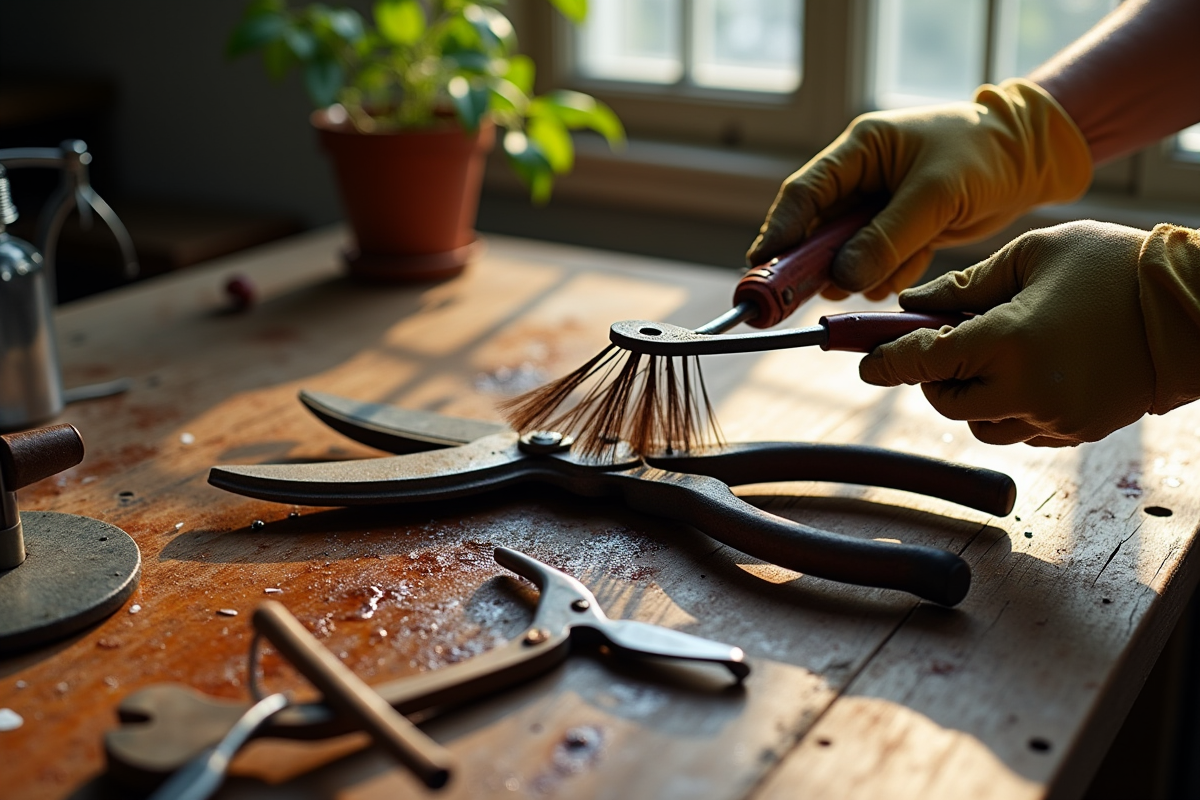 Ciseaux de jardin rouillés en cours de nettoyage avec une brosse métallique