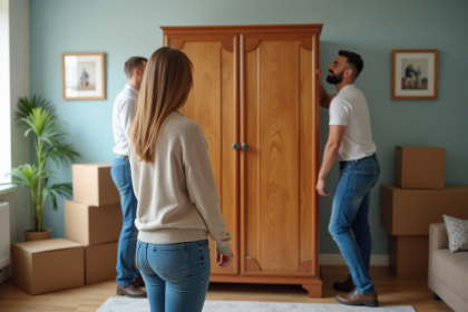 Femme regardant les déménageurs transporter un grand meuble