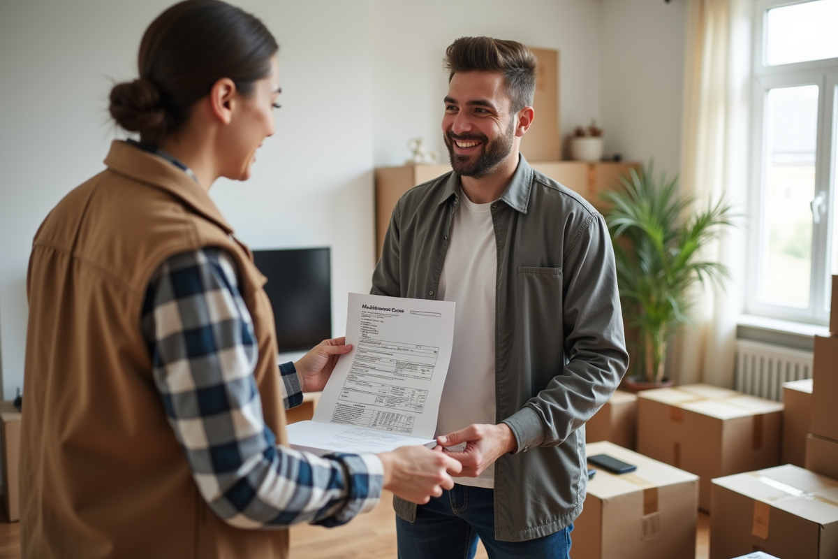 Employé souriant montrant un devis de déménagement à un couple