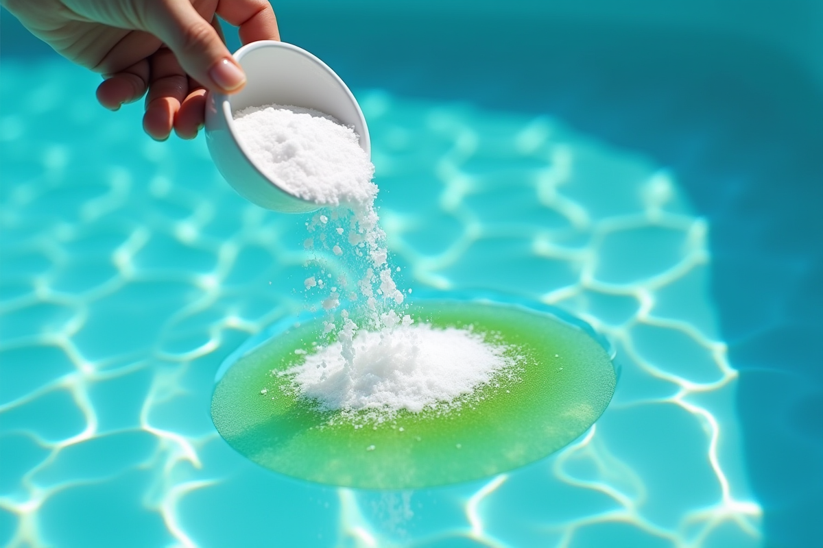 Piscine propre avec bicarbonate saupoudré sur les algues vertes