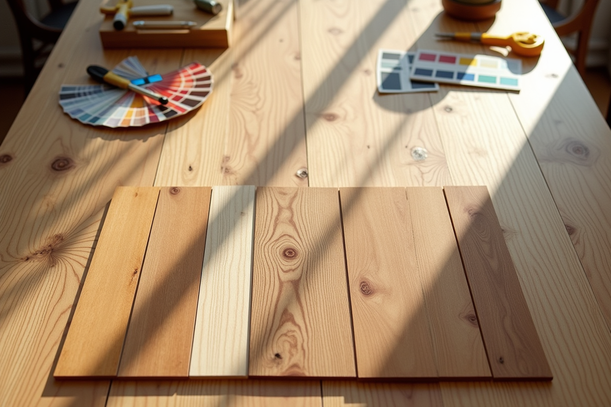 Echantillons de parquet laminé sur une table en bois avec outils
