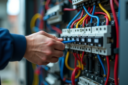 Main d'électricien connectant un fil bleu à un bornier dans un panneau électrique