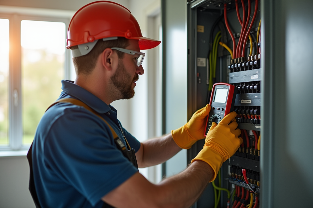 Électricien professionnel inspectant un panneau électrique moderne