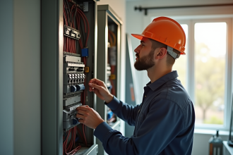 Électricien inspectant un panneau électrique moderne dans une maison
