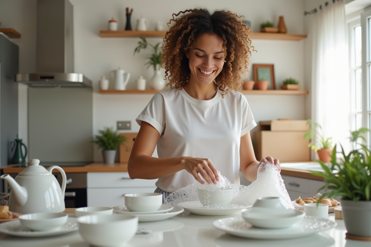 Personne souriante emballant vaisselle délicate dans une cuisine lumineuse