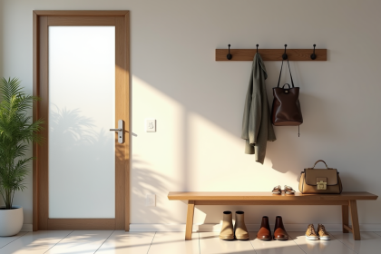 Entrée moderne avec banc en bois et plantes naturelles