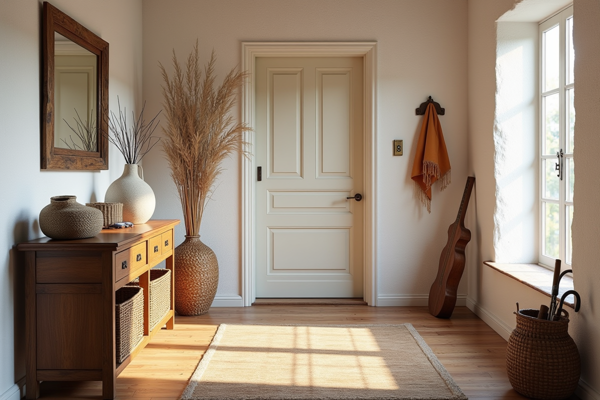 Entrée rustique avec console vintage et miroir lumineux