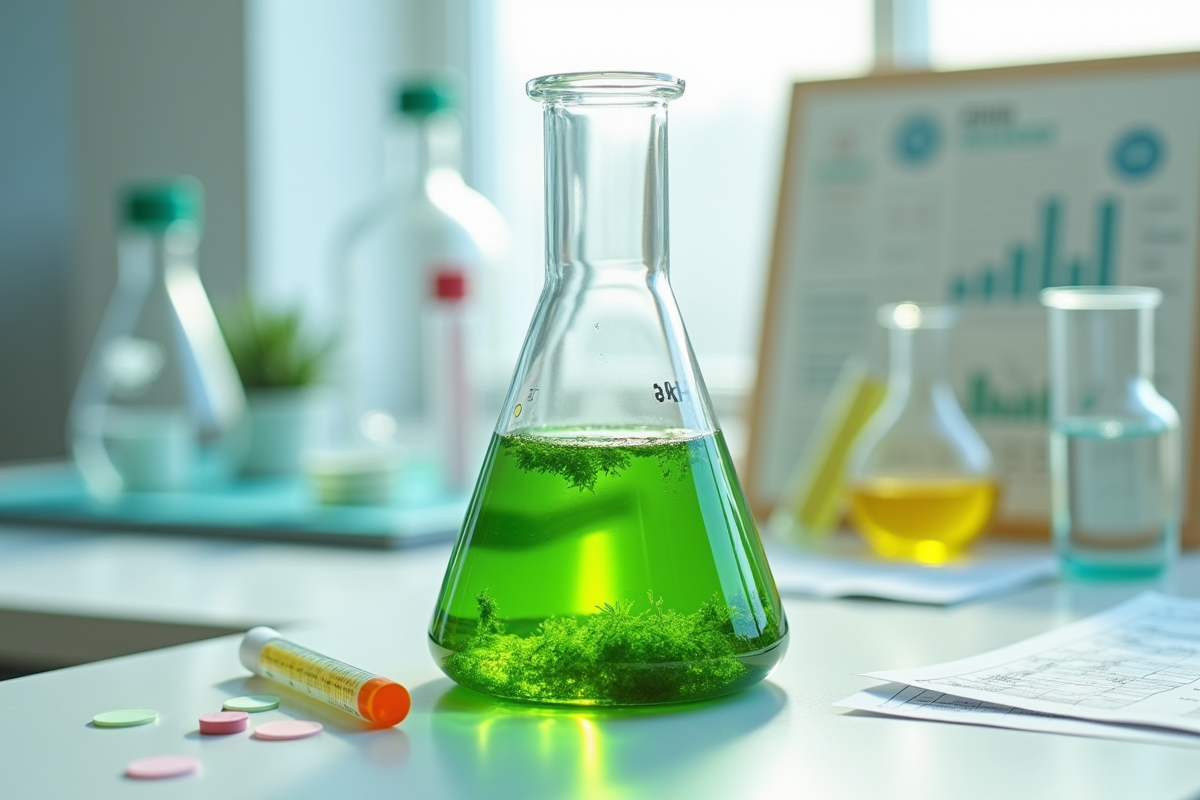 Eprouvette avec eau verte et algues entourée de bandelettes de test pH