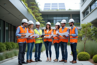 Groupe d'architectes et d'ingénieurs devant un bâtiment écologique